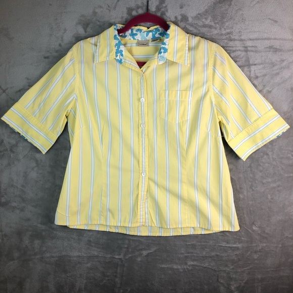 L.L. Bean Button Up Yellow Blue Stripe Short Sleeves top size M - Picture 1 of 6